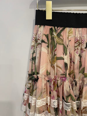 Dolce 
Gabbana Pink Multicolour Floral Printed Mini Ruffle Skirt with Lace Detail Size IT 38 (UK 6)