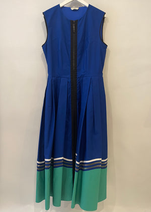 Fendi Electric Blue, Green and Black Zipped Maxi Pleated Dress with Mesh Detailing Size IT 42 (UK 10)