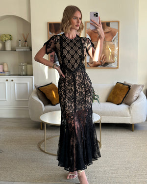 Alessandra Rich Black Short Sleeve Lace Maxi Dress with Gold Shoulder Button Detail IT 40 (UK 8)