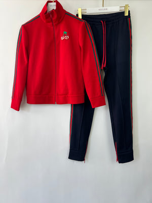 Gucci Red 
Navy Blue Tracksuit with Side Stripe Trim and Cherry Embroidered Logo Detail Size XS (UK 6)