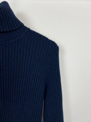 Chanel Navy Ribbed Cashmere Roll Neck Long Sleeve Jumper with CC Logo Detail FR 36 (UK 8)