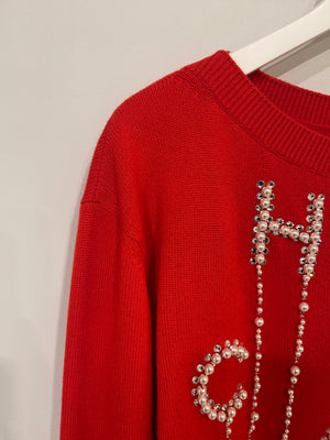 *HOT* Chanel Red Cashmere Jumper with Pearl Crystal Embellished Logo Size FR 40 (UK 12)