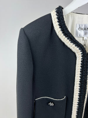 *SUPER HOT* Chanel 22C Black, White Metallic Tweed Trim Silk Jacket and Wide-Leg Trouser Set with Crystal CC Logo Detail Size FR 42-44 (UK 14-16) Jacket RRP £5,420