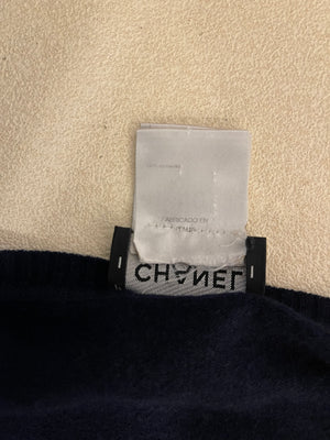 Chanel Navy Cashmere Long-Sleeve Jumper with White CC Logo Embroidery Size FR 38 (UK 10)