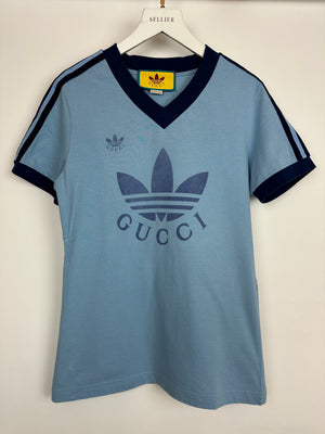 Gucci X Adidas Light Blue Logo V Neck T-Shirt Size IT M (UK 10)