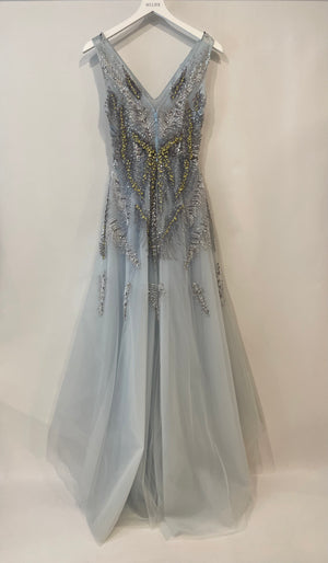 Zuhair Murad Baby Blue Silk Tulle Gown Dress with Sequin and Crystal Embellishments Size FR 36 (UK 8)