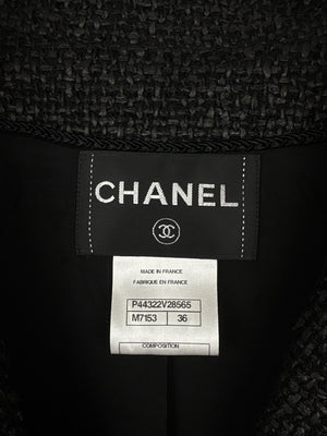 Chanel Black Coated Tweed Curved Hem Jacket with Silver CC Button Detail FR 36 (UK 8)