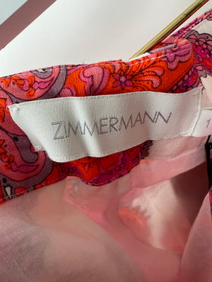 Zimmermann Pink Paisley Print High-Waist Linen Shorts With Braided Beige Belt Buckle Size 1 (UK 10)