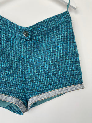 Chanel Turquoise Tweed Shorts with Denim Detail Size FR 38 (UK 10)