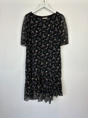 Saint Laurent Black Floral Print Short Sleeve Silk Dress With Ruffle Detail Size FR 36 (UK 8)