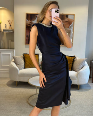 Alexander McQueen Navy Silk Midi Dress with Ruching and Silver Diamante Neck Detail Size IT 38 (UK 6)