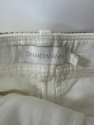 Zimmermann White Linen Shorts With Braided Beige Belt Size 0 (UK 8)