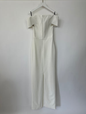 Solace London White Off-Shoulder Long Gown Dress with Plunge Neckline Detail Size UK 8