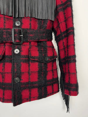 Saint Laurent Red 
Black Lumberjack Jacket with Leather Fringe and Belt Details Size FR 38 (UK 10)