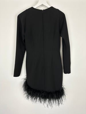 New Arrivals Black Long Sleeve V-Neck Mini Dress With Shoulder Pads and Feather Hem FR 40 (UK 12)