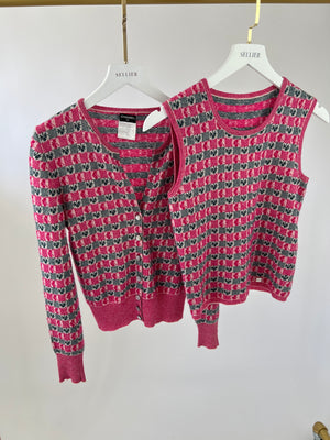 Chanel Pink Intarsia Knit Cashmere Cardigan and Top Set Size FR 40 (UK 12)