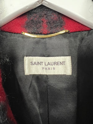 Saint Laurent Red 
Black Lumberjack Jacket with Leather Fringe and Belt Details Size FR 38 (UK 10)