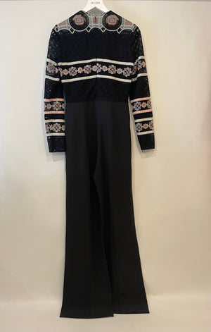 Elie Saab Black Long-Sleeve Jumpsuit with Crochet Floral Details Size FR 38 (UK 10)