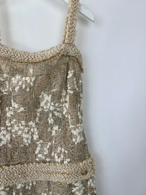 Chanel Gold, White Tweed Mini Dress with Shoulder Straps and Braided Appliqué Waist Belt Detail Size FR 36 (UK 8)