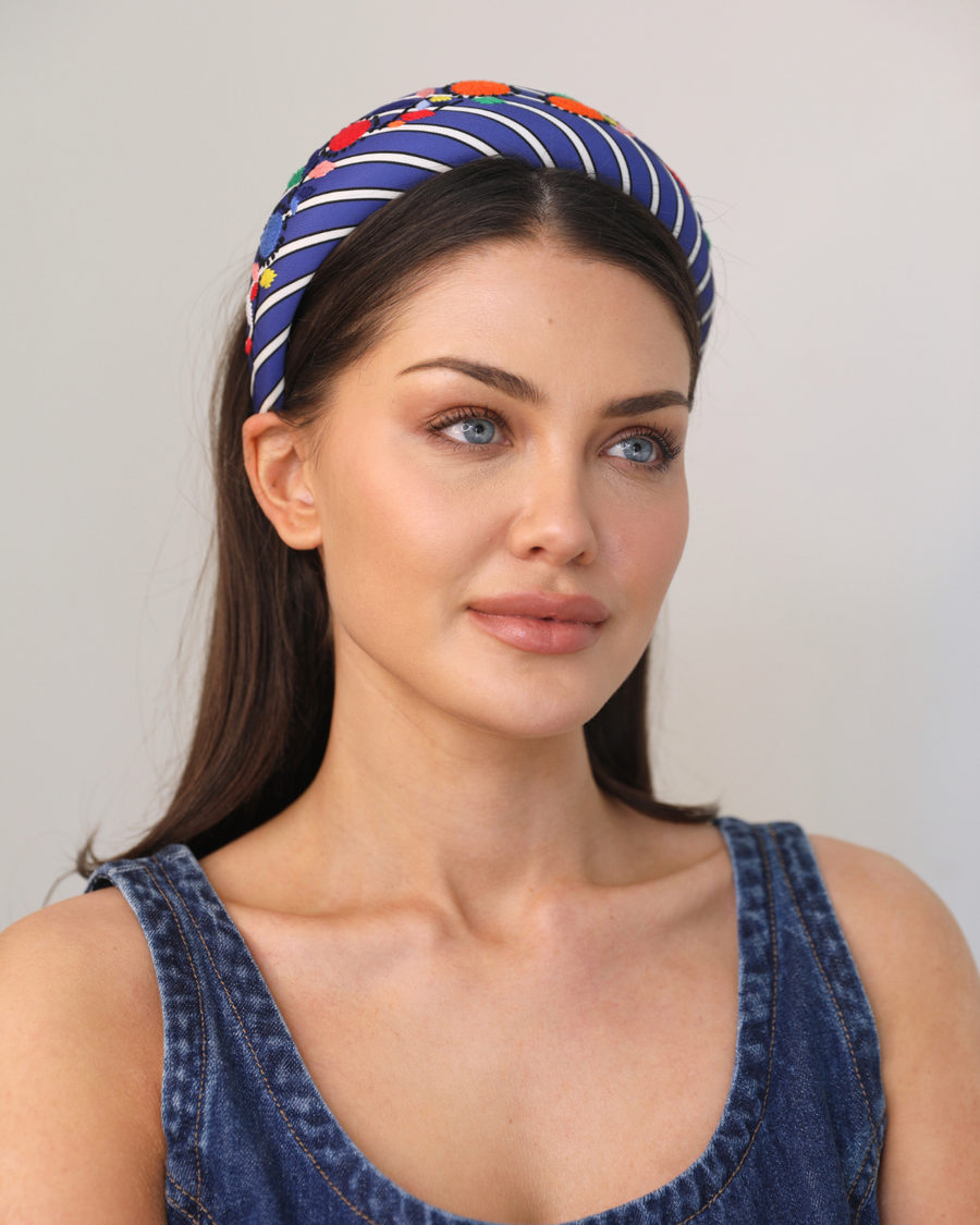 Prada Blue Striped Headband with Embroidery Details