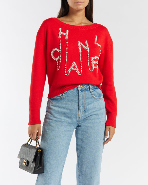 *HOT* Chanel Red Cashmere Jumper with Pearl Crystal Embellished Logo Size FR 40 (UK 12)