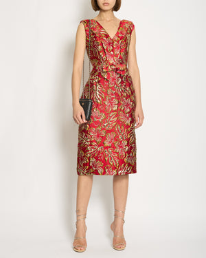 Prada Red 
Gold Midi Dress with Floral 
Bow Detail Size IT 40 (UK 8)