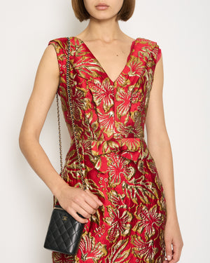 Prada Red 
Gold Midi Dress with Floral 
Bow Detail Size IT 40 (UK 8)