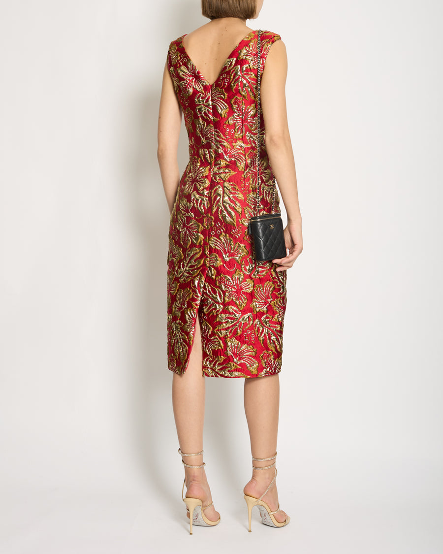 Prada Red 
Gold Midi Dress with Floral 
Bow Detail Size IT 40 (UK 8)