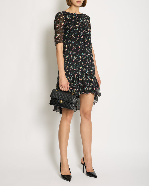 Saint Laurent Black Floral Print Short Sleeve Silk Dress With Ruffle Detail Size FR 36 (UK 8)