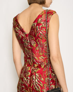 Prada Red 
Gold Midi Dress with Floral 
Bow Detail Size IT 40 (UK 8)