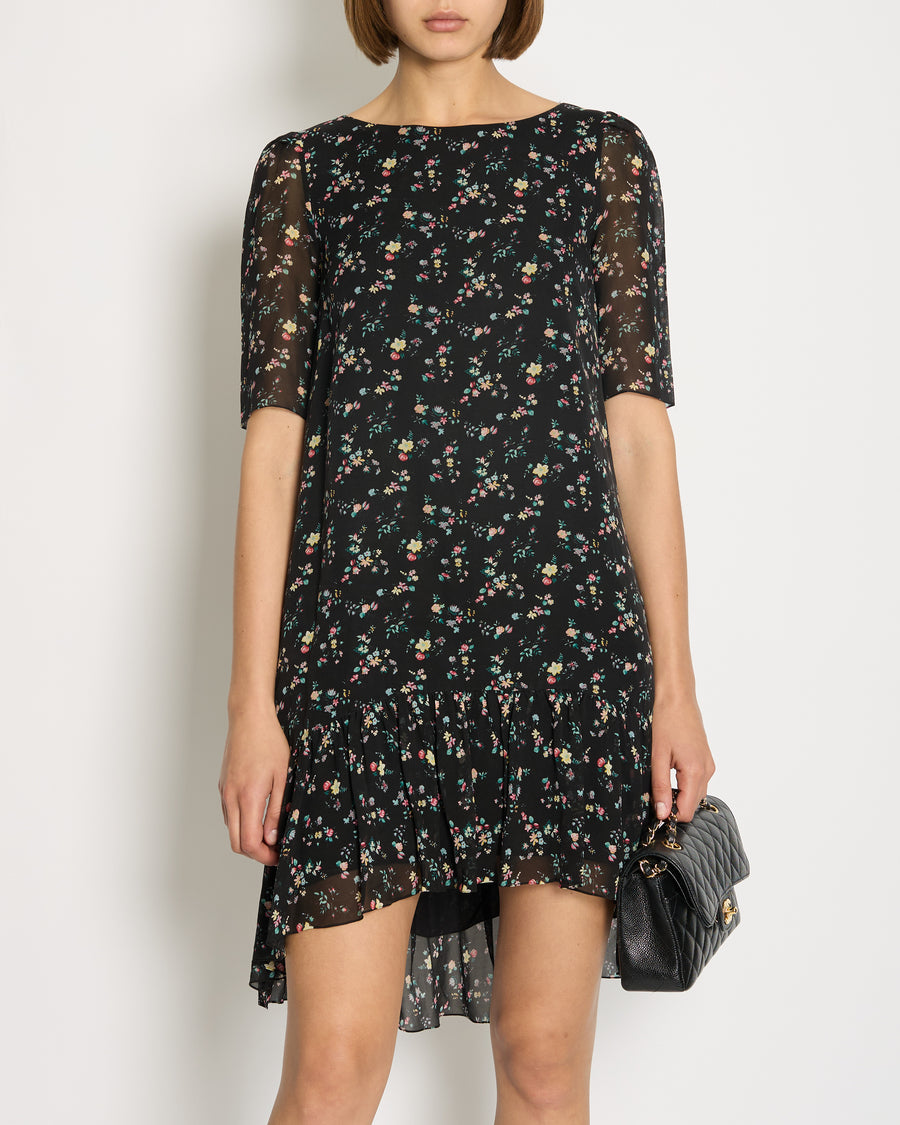 Saint Laurent Black Floral Print Short Sleeve Silk Dress With Ruffle Detail Size FR 36 (UK 8)