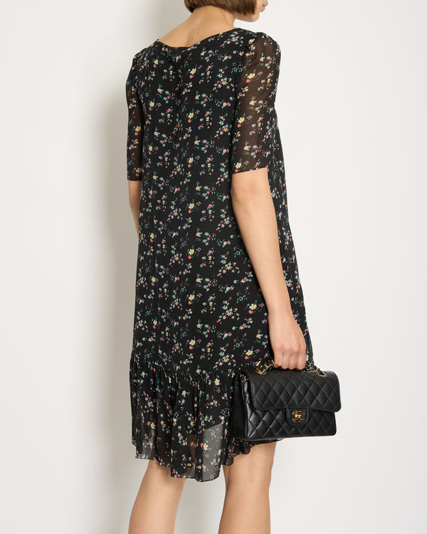 Saint Laurent Black Floral Print Short Sleeve Silk Dress With Ruffle Detail Size FR 36 (UK 8)