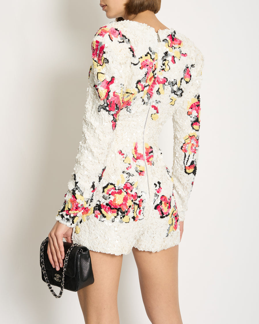 Zuhair Murad White Long-Sleeve Sequin Embellished Playsuit with Abstract Multicolour Details Size IT 42 (UK 10)