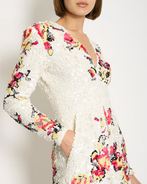 Zuhair Murad White Long-Sleeve Sequin Embellished Playsuit with Abstract Multicolour Details Size IT 42 (UK 10)