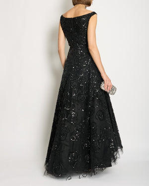 *HOT* Oscar De La Renta Black Sleeveless Maxi Gown Dress with Sequin Roses Embellishment Details Size US 4 (UK 8)