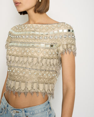 Naeem Khan Embellished Silver Cropped Sleeveless Top Size US 4 (UK 6)