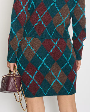 Chanel 24Y Petroleum Blue, Burgundy 
Brown Two-Piece Cashmere Jumper and Skirt Set with CC Crystal Logo Detail FR 34/36 (UK 6/8)