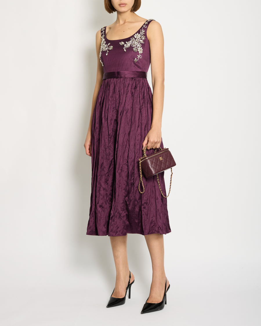 Erdem Plum Purple Sleeveless Belted Long Dress with Floral Crystal Embellishments Size UK 6