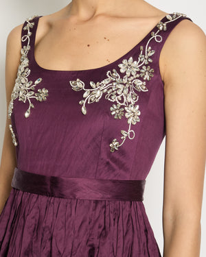 Erdem Plum Purple Sleeveless Belted Long Dress with Floral Crystal Embellishments Size UK 6