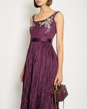 Erdem Plum Purple Sleeveless Belted Long Dress with Floral Crystal Embellishments Size UK 6