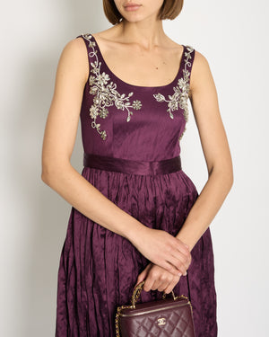 Erdem Plum Purple Sleeveless Belted Long Dress with Floral Crystal Embellishments Size UK 6