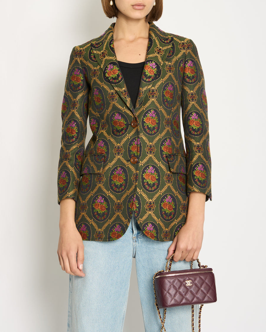 Gucci Green Floral Brocade Blazer Jacket with Floral GG Logo Detail Size IT 36 (UK 4)