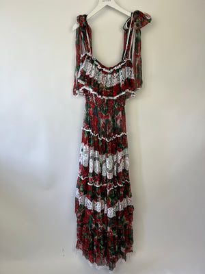 Dolce 
Gabbana Red Maxi Floral Lace Tiered Dress Size IT 38 (UK 6)