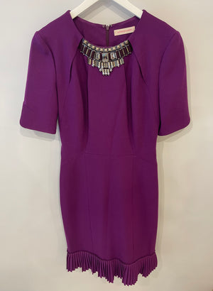 Matthew Williamson Purple Short-Sleeve Midi Dress with Crystal Neck Detail Size UK 10