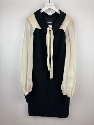 Chanel Black Midi Dress With Cream Silk Chiffon Sleeves and Neck Tie With Shimmer Detail Size FR 40 (UK 12)