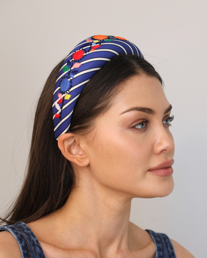 Prada Blue Striped Headband with Embroidery Details