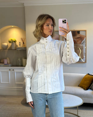 Chanel White Cotton High Neck Pleated Shirt Size FR34 (UK6) RRP £3,720