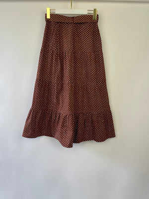 Faithfull the Brand Brown with White Polka Dot Wrap Crop Top and Midi Skirt with Belt Set Size S (UK 8-10)