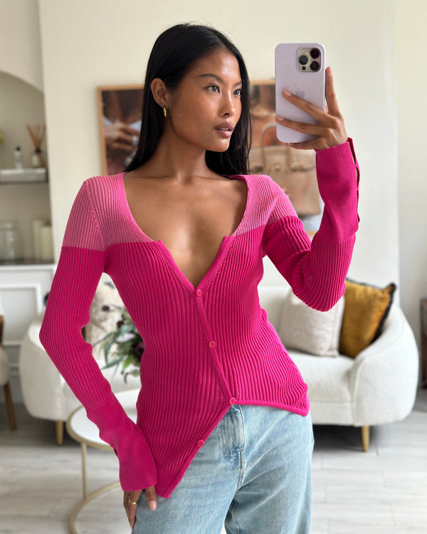 Jacquemus Hot Pink Asymmetric Ribbed Cardigan FR 38 (UK 10)