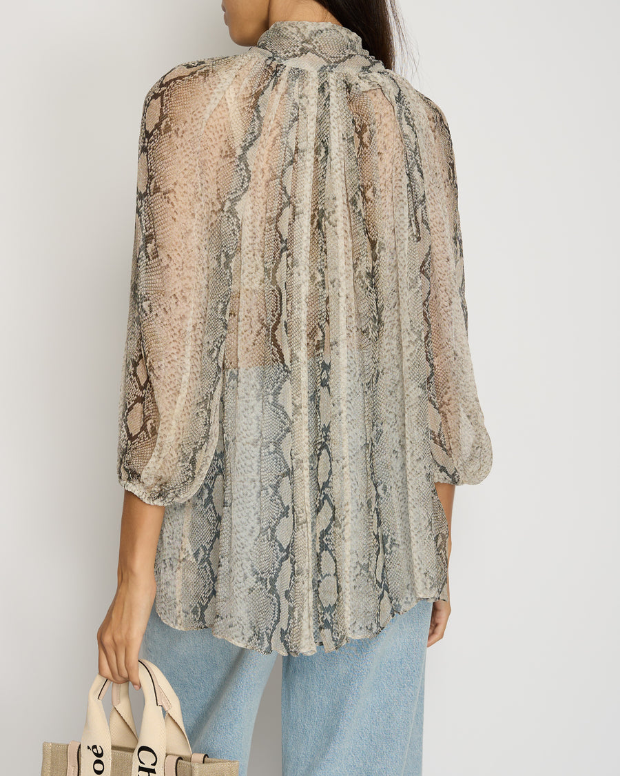 Zimmermann Grey Snakeskin Print Blouse with Neck Tie Detail Size 0 (UK 8)